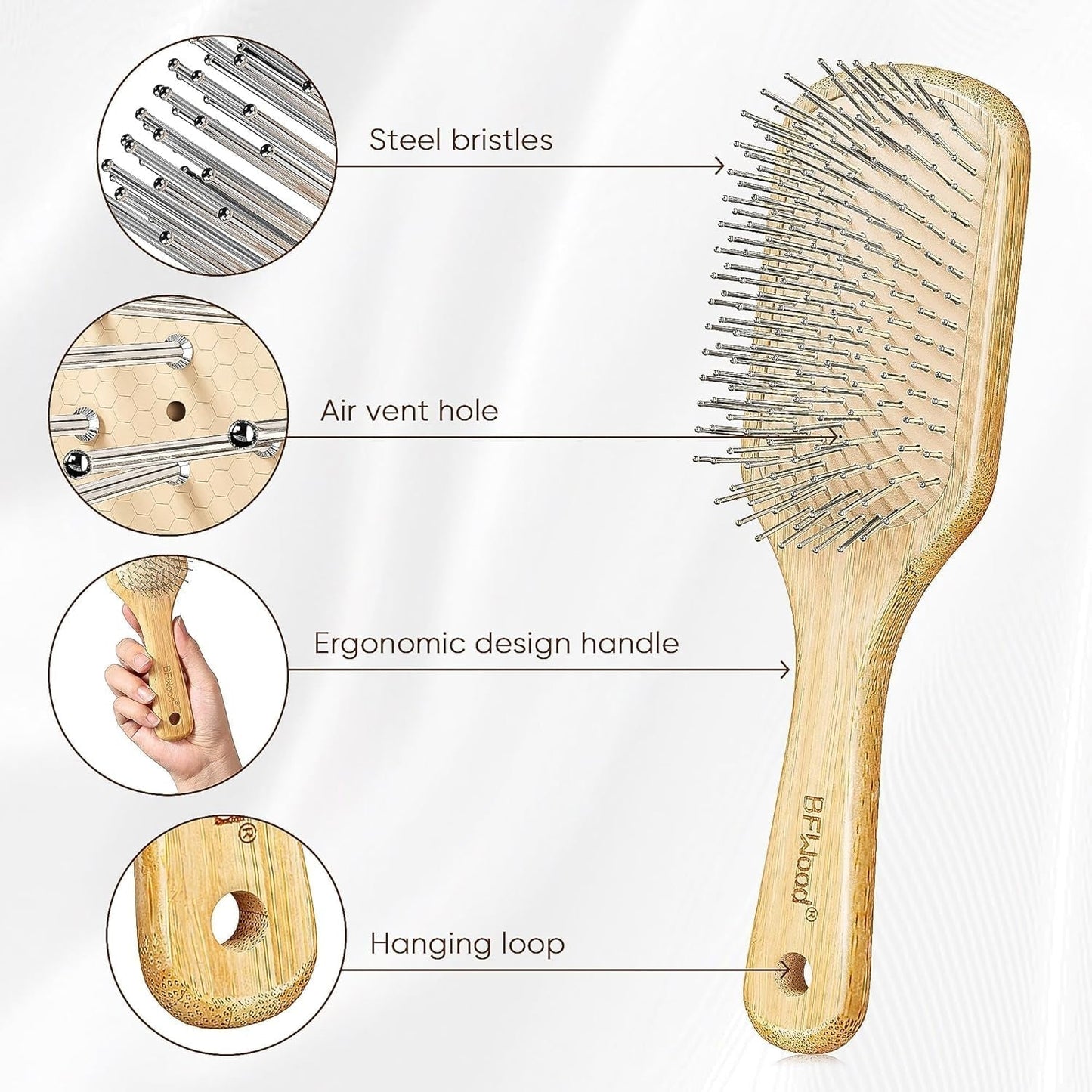 Bamboo Hair Brush with Steel Bristles, Help Hair Growth and Massaging Scalp