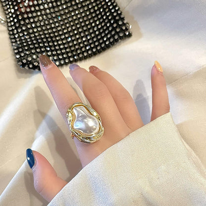 Baroque 18K Gold Pearl Statement Ring - Adjustable Chunky Pearl Wedding Jewelry for Women - WORLD TIME VISITS