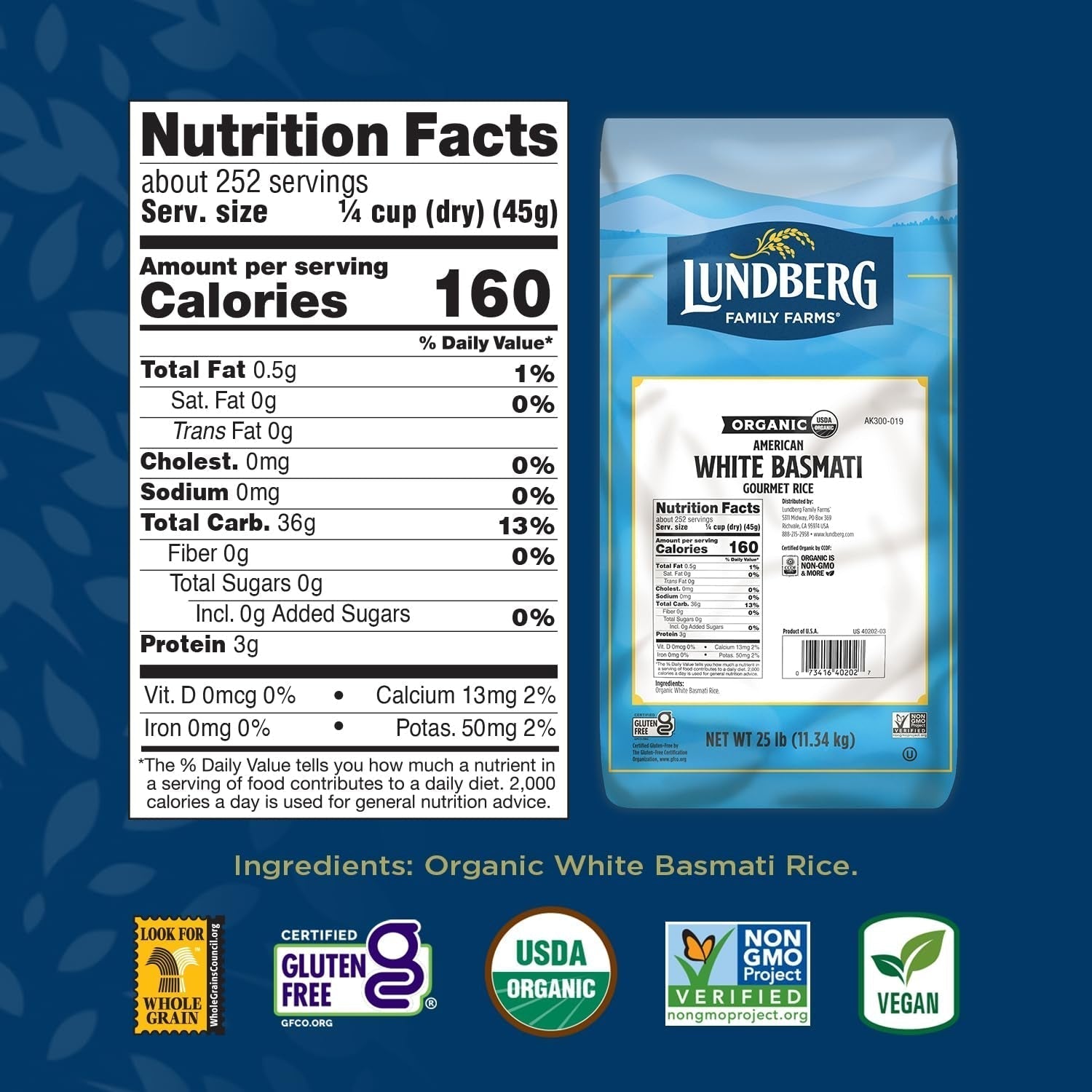 Basmati Rice, Organic Long Grain White Rice - Non - Sticky, Fluffy, Nutty, Aromatic Rice, Vegan Food, Healthy Meals, Gluten - Free Rice Grown in California, 25 Lbs - WORLD TIME VISITS