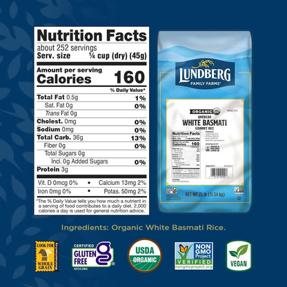 Basmati Rice, Organic Long Grain White Rice - Non - Sticky, Fluffy, Nutty, Aromatic Rice, Vegan Food, Healthy Meals, Gluten - Free Rice Grown in California, 25 Lbs - WORLD TIME VISITS