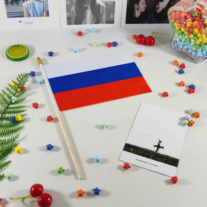 Russia Small Flag Russian Stick Mini Hand Held Flags - Solid Wooden Pole with Spear Top, 12 Pack