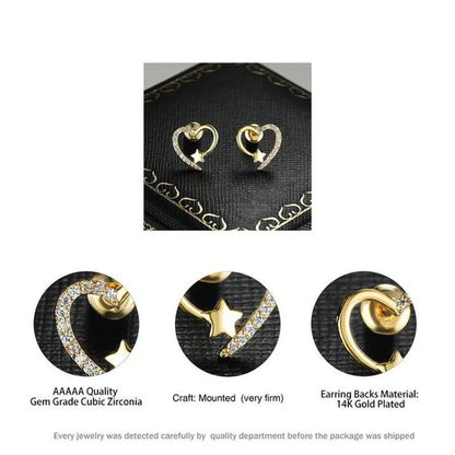 14K Gold Love Heart Star White Zircon Stud Earrings for Women Wedding Engagement Bride Jewelry Gift