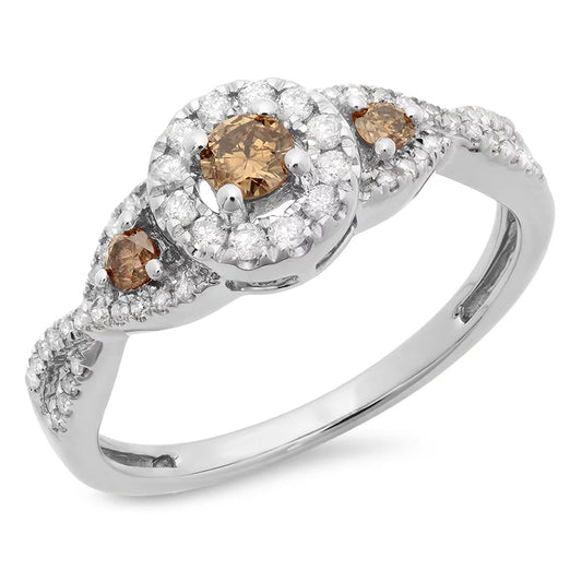 0.50 Carat (Ctw) 10K Gold round Champagne & White Diamond 3 Stone Halo Bridal Engagement Ring 1/2 CT