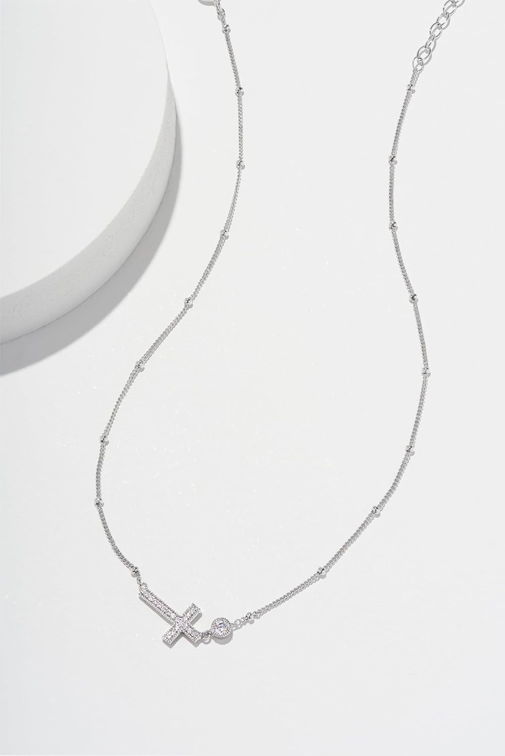 .925 Sterling Silver Rhodium Plated Cubic Zirconia Sideways Cross Sterling Silver Necklace for Women - Faith Dainty Jewelry Choker Cross Necklace for Women, Adjustable Chain 16 Inch