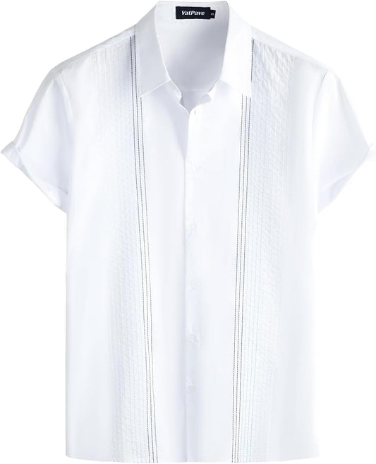 Mens Hawaiian Cotton Linen Shirts Casual Short Sleeve Button down Shirts Summer Beach Embroidered Shirts