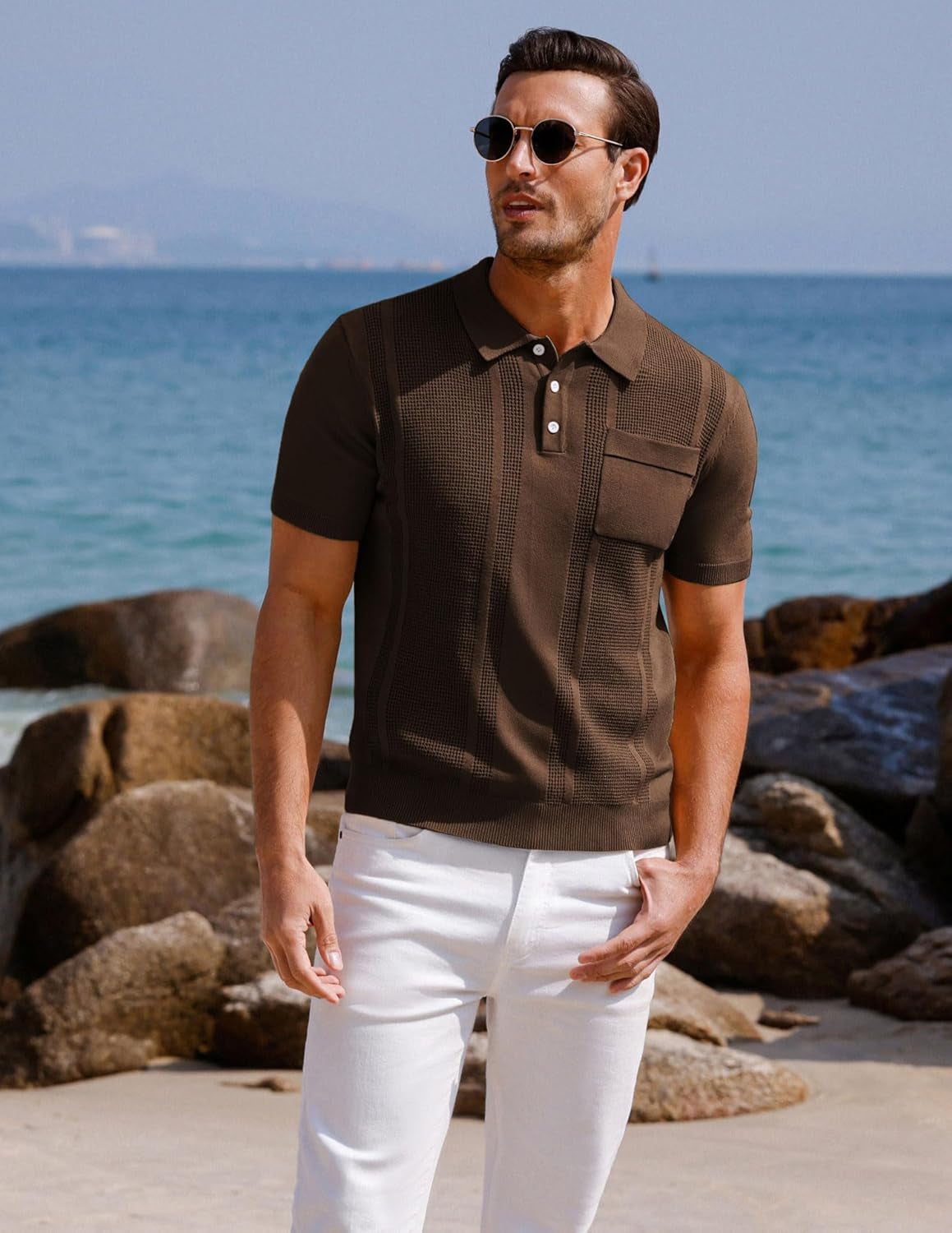 Men'S Knit Polo Shirts Short Sleeve Texture Lightweight Golf Shirts Sweater