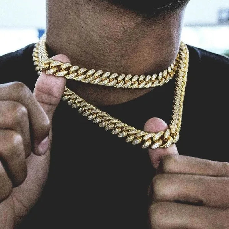 Gold/Silver Stainless Steel Hip Hop Jewelry Iced Out Rhinestone Thick Miami Cuban Link Chain Necklace Bracelet 7-28 Inch