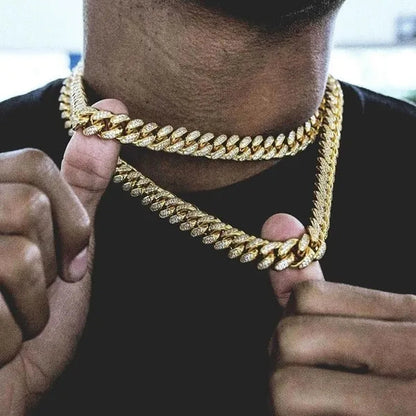 Gold/Silver Stainless Steel Hip Hop Jewelry Iced Out Rhinestone Thick Miami Cuban Link Chain Necklace Bracelet 7-28 Inch
