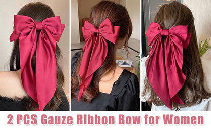 Hair Bows 2 PCS, Ribbon Bow for Women, Hair Ribbons, Oversized Long-Tail Cute Aesthetic Hair Accessories, Large Hair Barrettes for Women, Big Bows for Girls (Bright Red Wine Red)