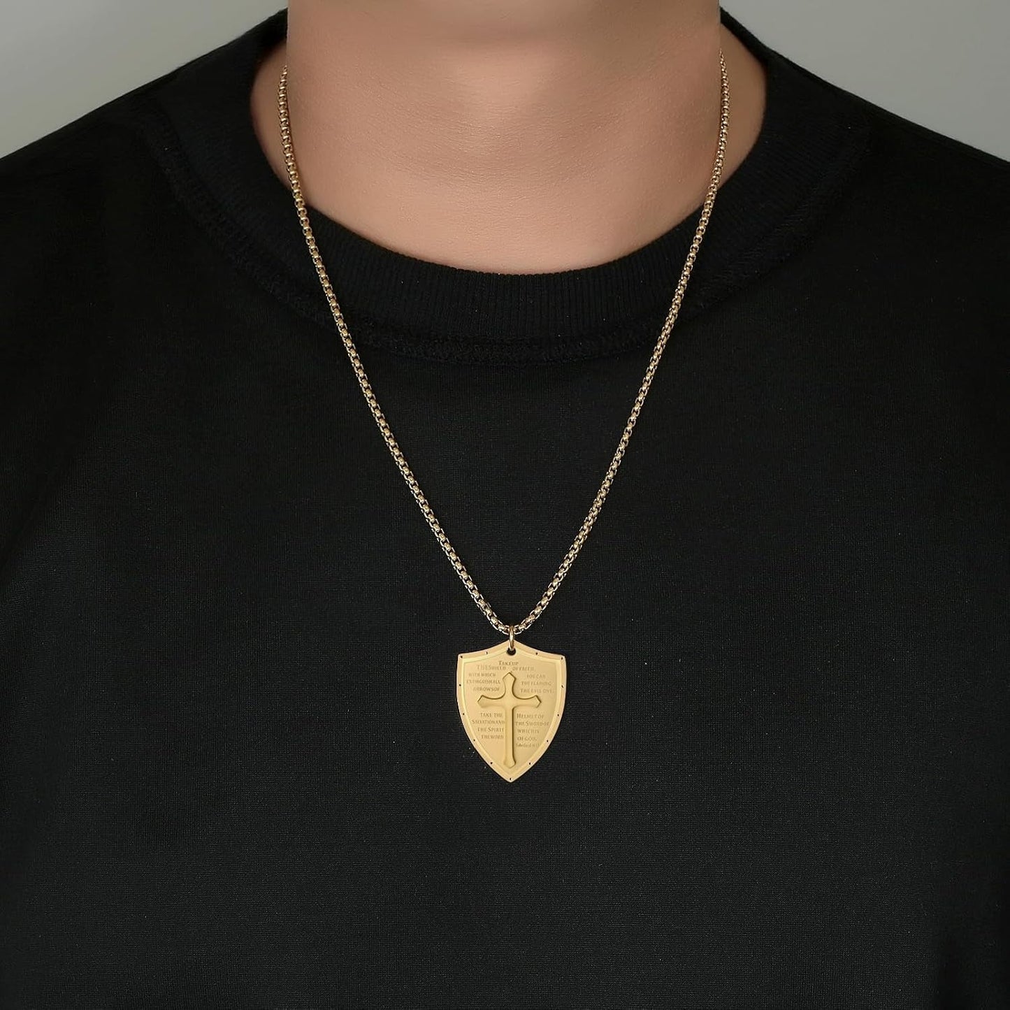 Armor of God Cross Pendant Necklace, Shield of Faith, Ephesians 6:16-17, Religious Amulet, Knights Templar Crusader, Stainless Steel 24" Chain