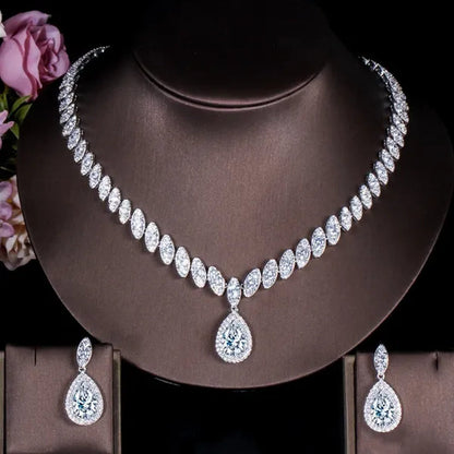 Gloriya Gorgeous Platinum Plated Party Jewelry Paved Indian Red Cubic Zirconia Crystal Big Tear Drop Necklace Earrings Set for Female Evening
