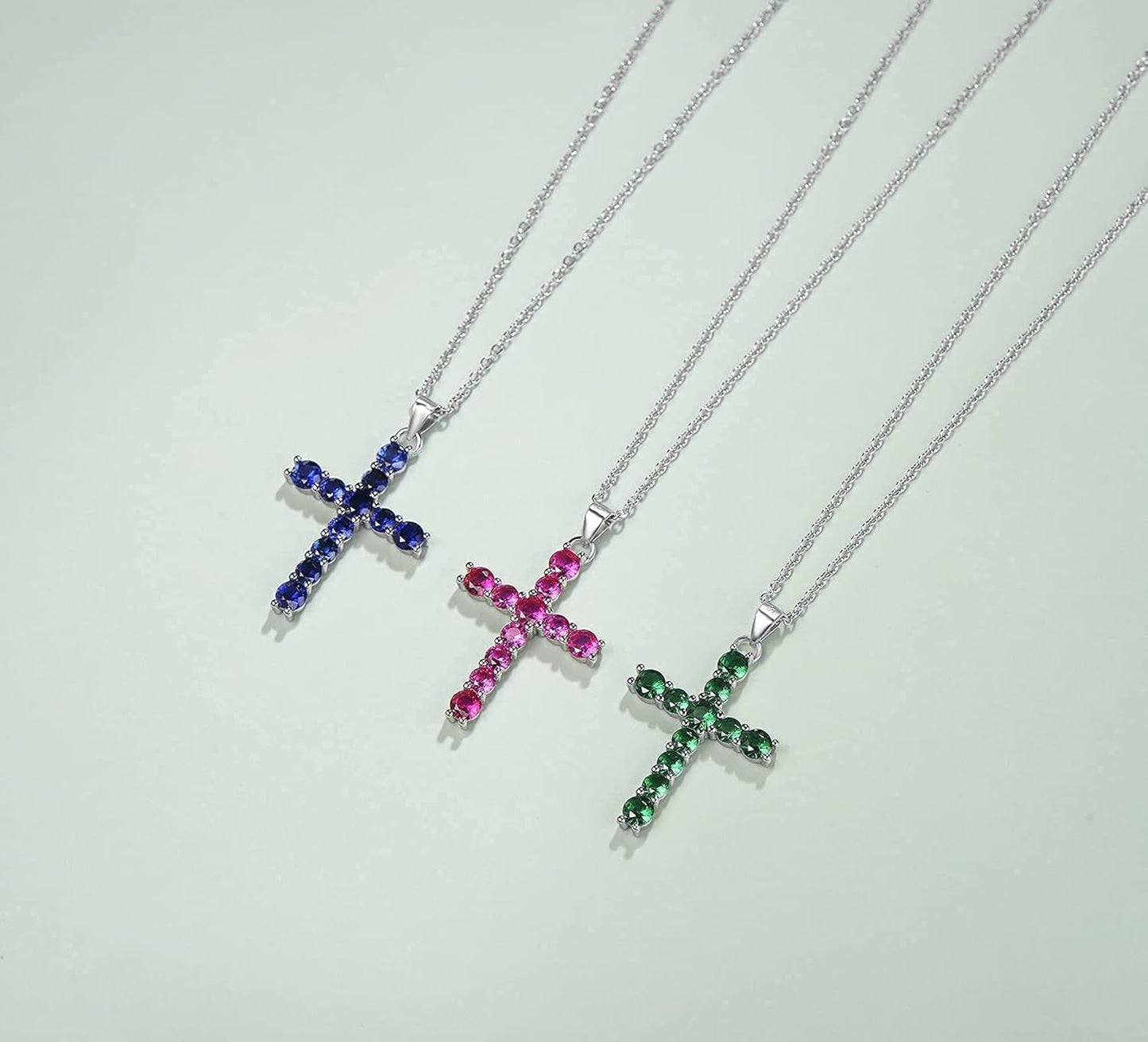 Gemstone Cross Necklace 925 Sterling Silver Created Birthstone Cross Prong Pendant Necklace Faithful Gift Ideas Fine Jewelry for Her Girlfriend Women Girls, 16" + 2" Extender