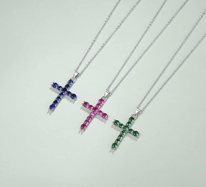Gemstone Cross Necklace 925 Sterling Silver Created Birthstone Cross Prong Pendant Necklace Faithful Gift Ideas Fine Jewelry for Her Girlfriend Women Girls, 16" + 2" Extender