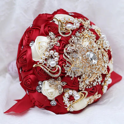8 Inch Wine Red & Milk White Bridal  Bouquets Artificial Satin Rose Gold Diamond Brooch Bride Holding Flowers Party Valentine Bouquet