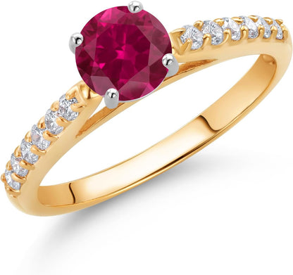 10K Yellow and White Gold 5MM round Gemstone Birthstone and White Lab Grown Diamond Engagement Ring | Wedding Anniversary Promise Gold Ring for Women | Size 5,6,7,8,9