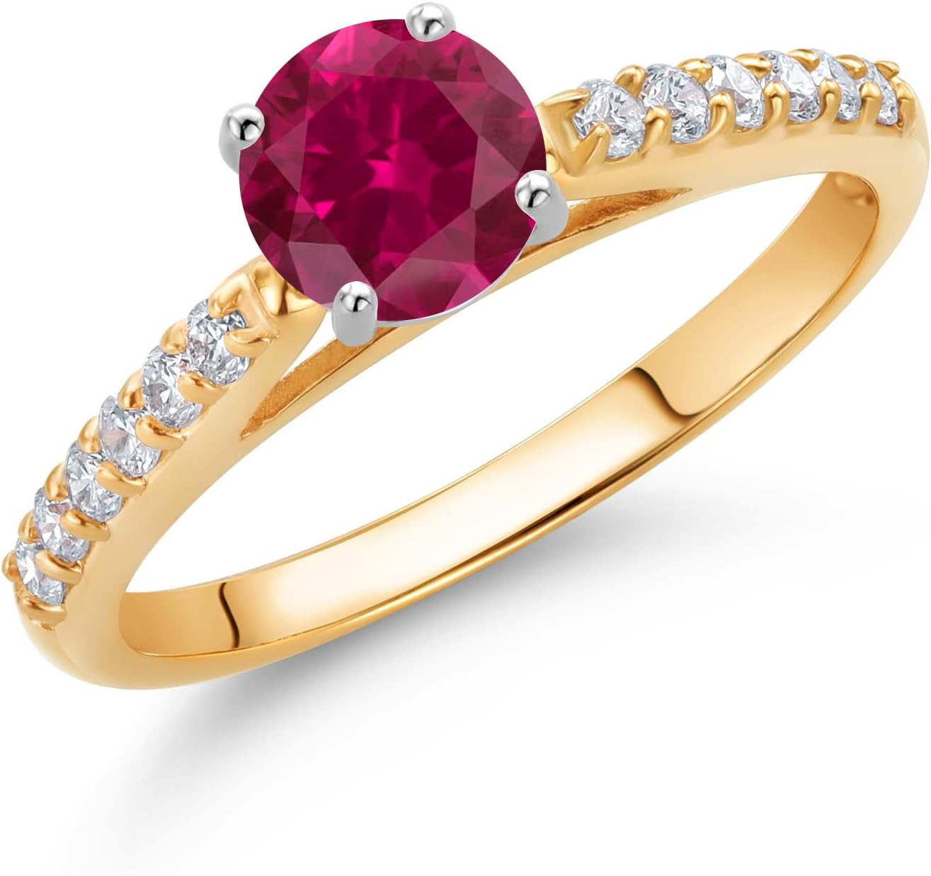 10K Yellow and White Gold Red Created Ruby and White Lab Grown Diamond Engagement Solitaire Ring (0.78 Cttw, round 5MM, Gemstone July Birthstone, Available in Size 5, 6, 7, 8, 9)
