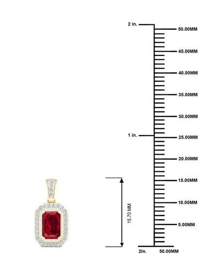 Gemstone 10K Yellow Gold Emerald Cut Ruby 1/10 CT TW Diamond Halo Necklace