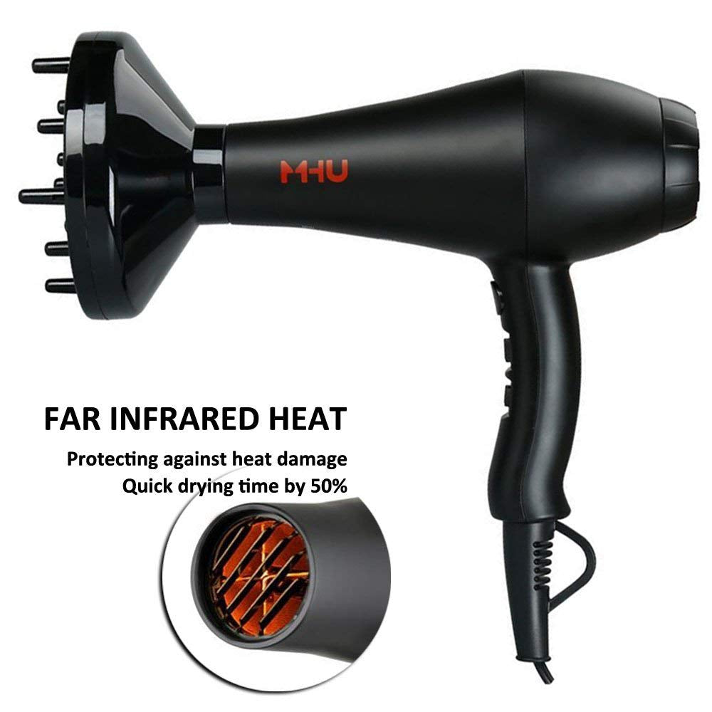 MHU Professional Salon Grade 1875W Low Noise Ionic Ceramic Ac Infrared Heat Hair Dryer plus One Concentrator and One Diffuser Black Color - WORLD TIME VISITS
