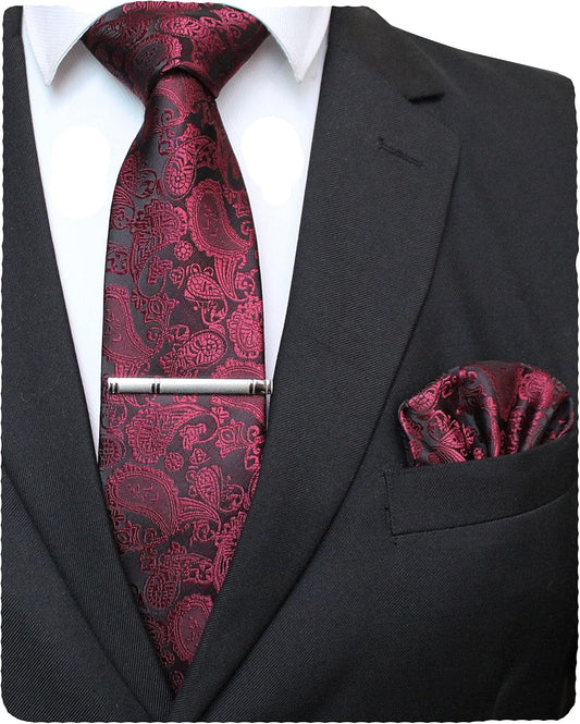 Mens Solid Color Paisley Necktie and Pocket Square with Tie Clip Sets