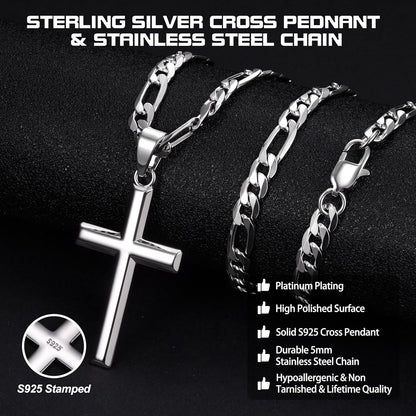 925 Sterling Silver Cross Necklace for Men Women - 5Mm Durable 316L Stainless Steel Figaro Link Chain with Beveled Edge Cross Pendant, Silver Crucifix Necklaces Jewelry, 16-30'' Christian Baptism Gift