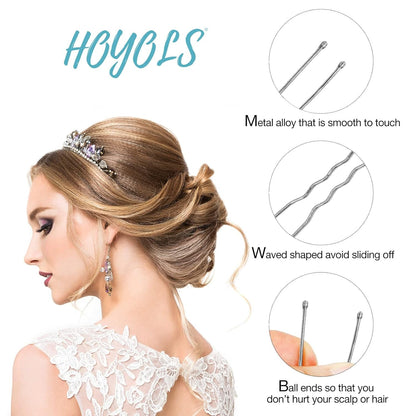 U Shaped Hair Pins, Assorted Size Hair Bobby Pins, Metal Curved Curly Bun Clips Crimped Design with Ball Tips for Women Girls Grips Hairstyle, 150 Count Bulk Pack (Silver)