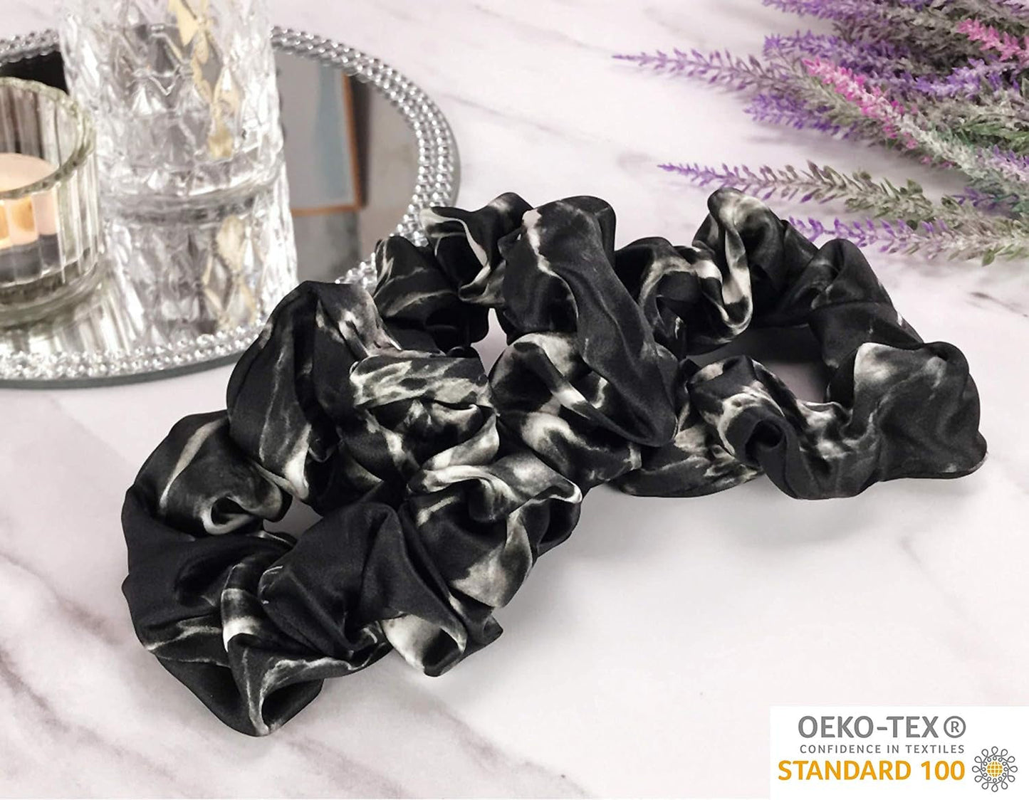 Mulberry Silk Scrunchies for Hair (Black Marble)