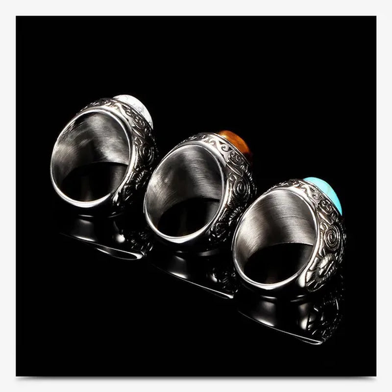 Vintage Men's Gemstone Ring Stainless Steel Single Turquoise Agate Tiger Eye Stone Rings Jewelry Gift for Men Women Boyfriend Girlfriend