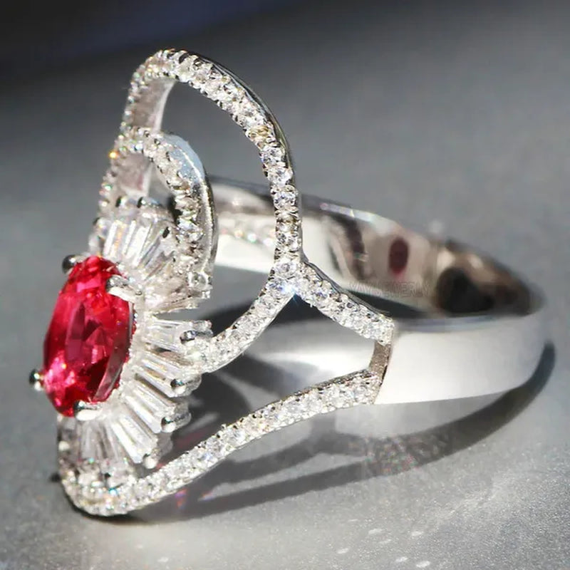 Gorgeous Silver Natural Gemstones Ruby Wedding Birthstone Bride Engagement Multilevel Oval Leaf Ring Jewelry Size 6 7 8 9 10