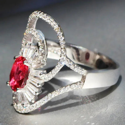 Gorgeous Silver Natural Gemstones Ruby Wedding Birthstone Bride Engagement Multilevel Oval Leaf Ring Jewelry Size 6 7 8 9 10