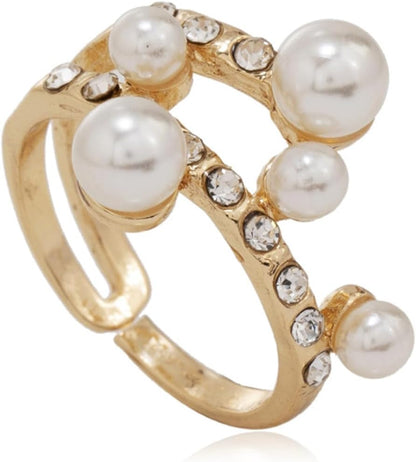 Vintage Pearl Cluster Stacking Promise Ring - Adjustable Open Finger Ring Trendy Personality Statement Jewelry for Women