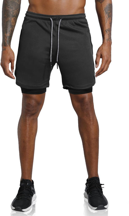 Men'S 2 in 1 Workout Running Shorts Lightweight Training Yoga Gym 7" Short with Zipper Pockets - WORLD TIME VISITS