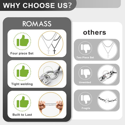 4Pcs Cross Necklace for Men,Stainless Steel Chains for Men Layered Necklaces Silver Gold Black Pendant Jewelry Box Gifts 18-24 Inches