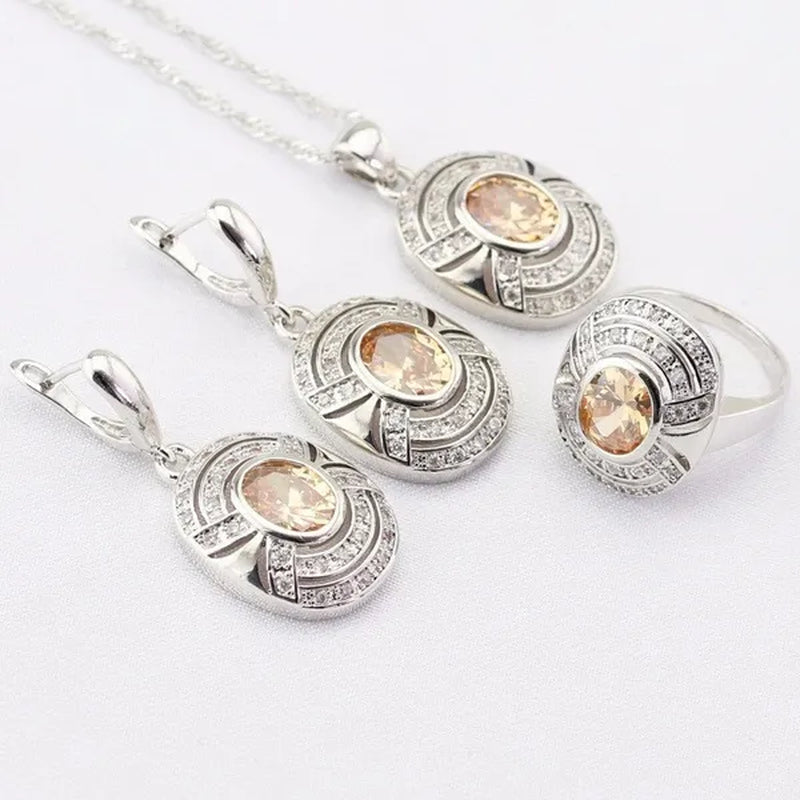 Blue Zircon White Zircon Silver Jewelry Sets for Women Silver Necklace and Pendant Rings Drop Earrings