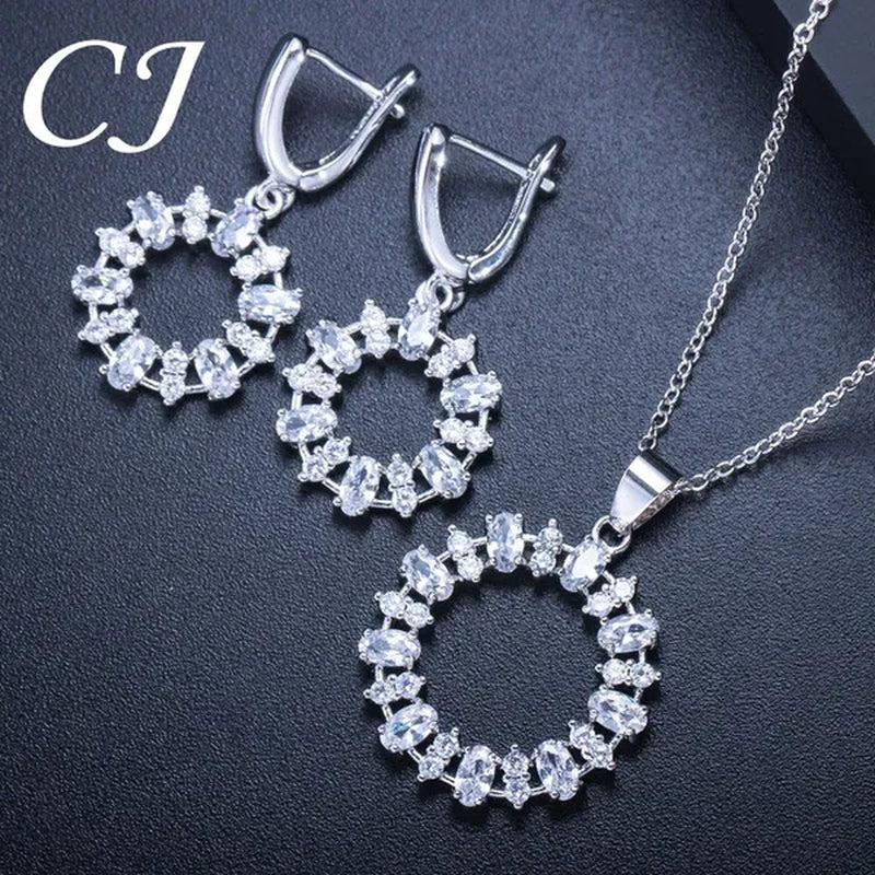 CANDICE Oval Yellow Platinum Plated Costume Party Jewelry Set Fashion Hollow Out Round Dangle Necklace Hoop Earrings with Silver Plated for Women Accessories