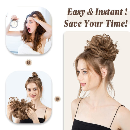 Large Messy Bun Hair Piece Wavy Curly Scrunchies Synthetic Chignon Ponytail Hair Extensions Thick Updo Hairpieces for Women Ash Blonde