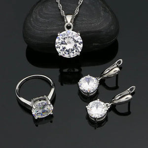 White Topaz 925 Sterling Silver Jewelry Ring Pendant Chain Earrings Set Classic Wedding Jewelry for Women Bride 3Pcs