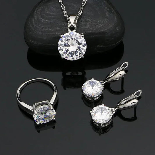 White Topaz 925 Sterling Silver Jewelry Ring Pendant Chain Earrings Set Classic Wedding Jewelry for Women Bride 3Pcs