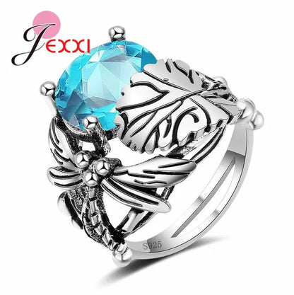 New Arrival Unique Design Dragonfly Leaf Band 925 Sterling Silver Jewelry Red Blue Green Clear AAA+ Zircon  Ring