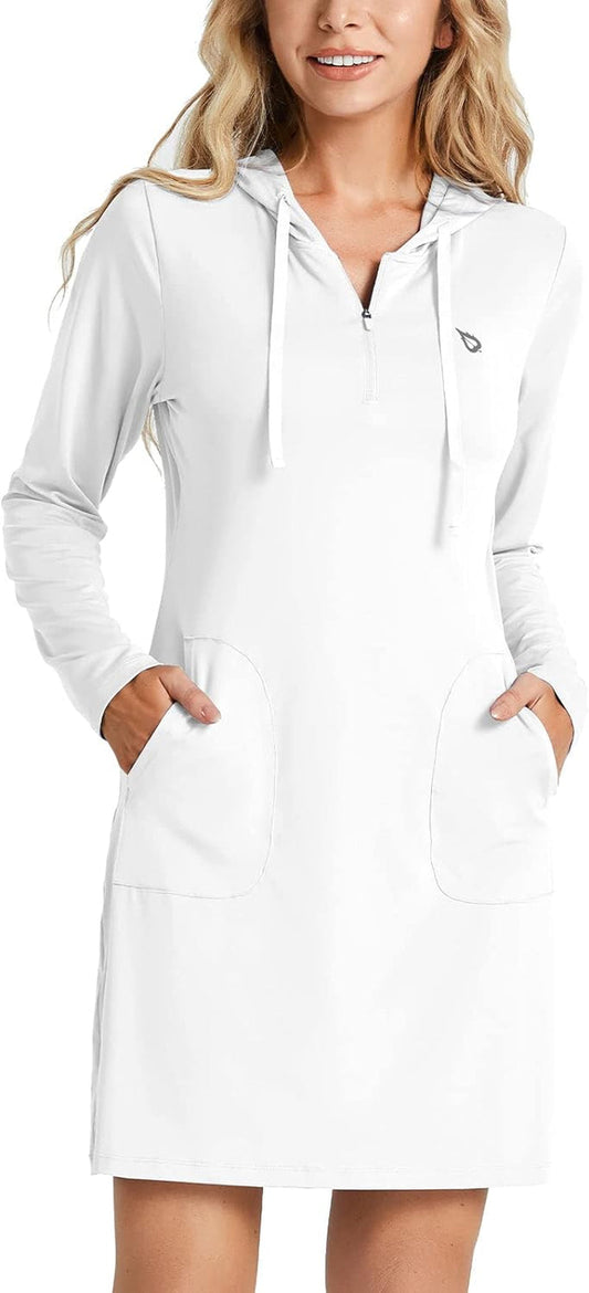 Women'S Long Sleeve Zip Beach Coverup UPF 50+ Sun Protection Hooded Cover up Shirt Dress with Pockets