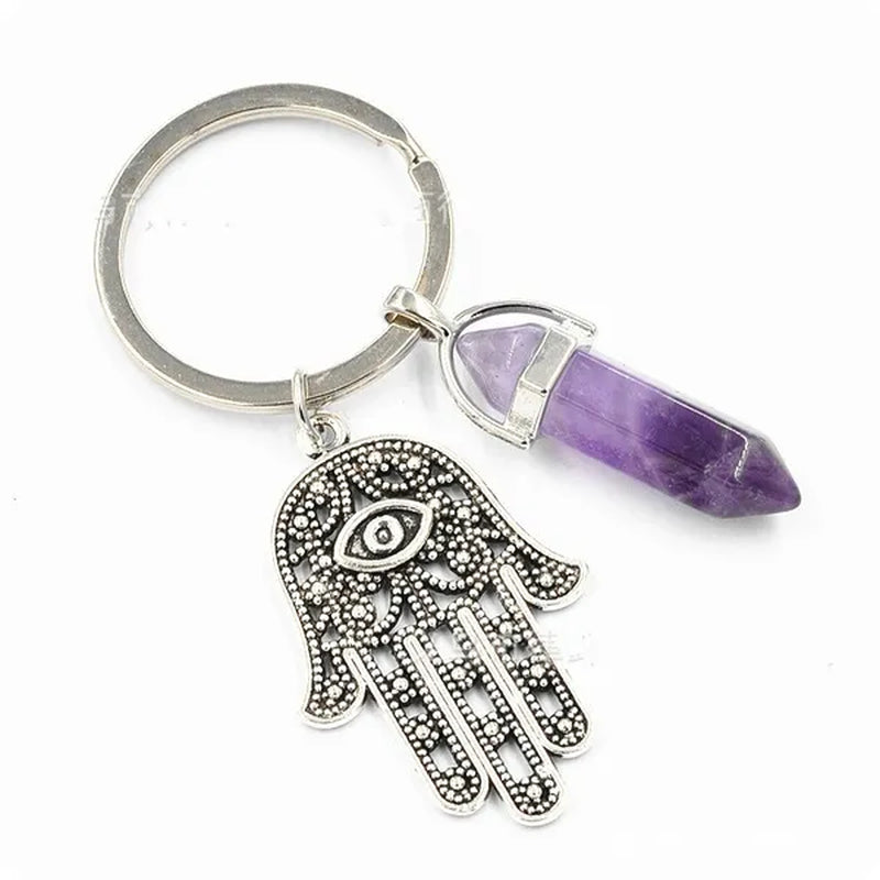 1Pcs Natural Quartz Crystal Point Chakra Healing Stone Gem Stone Pendant Keyring Key Chain Ring Family Gifts