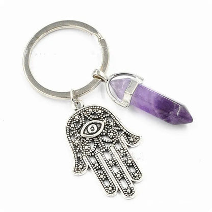 1Pcs Natural Quartz Crystal Point Chakra Healing Stone Gem Stone Pendant Keyring Key Chain Ring Family Gifts