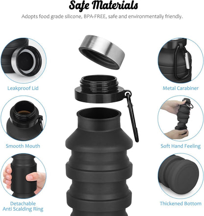 Collapsible Water Bottle, Reuseable BPA Free Silicone Foldable Water Bottles for Travel Gym Camping Hiking, Portable Leak Proof Sports Water Bottle with Carabiner