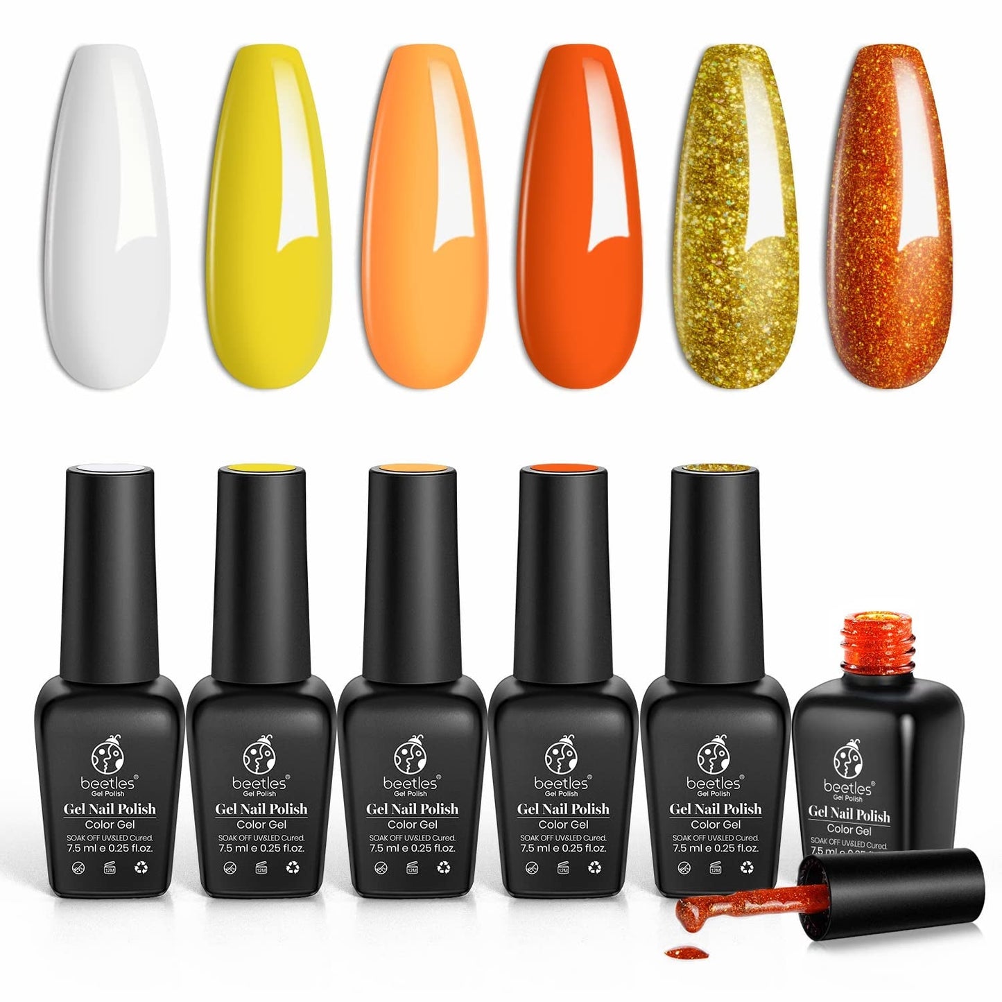 Beetles Orange Gel Nail Polish Set, 6 Colors Yellow White Gold Glitter Gel Nail Polish Kit Fall Winter Nail Gel Polish Soak off Uv LED Lamp Nail Art Design Manicure Gift for Women