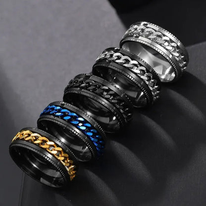 Fashion Punk Stainless Steel 8mm Rings for Men Chain Rings Biker Grooved Edge, Size 6-12