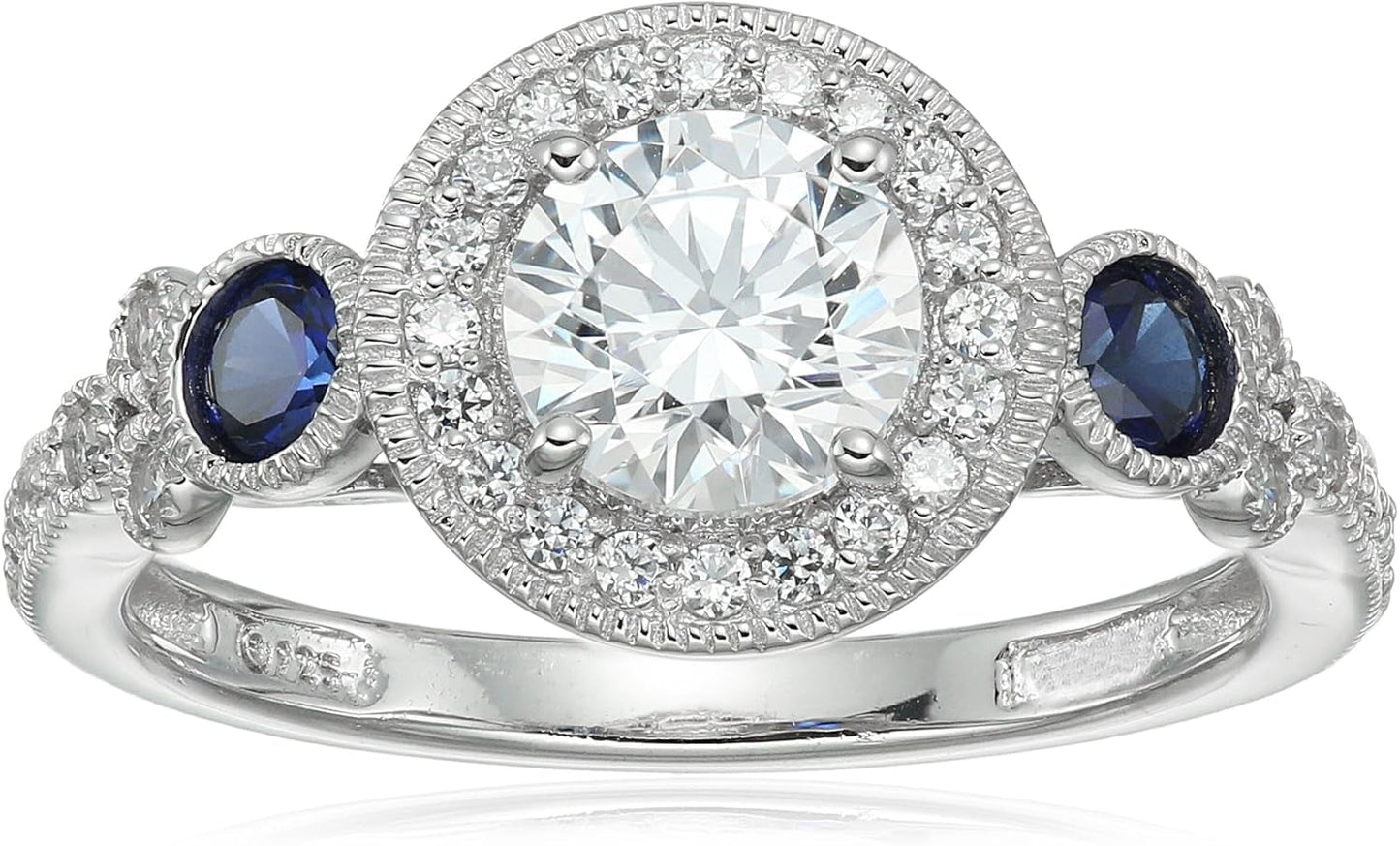 Platinum-Plated Sterling Silver Infinite Elements Cubic Zirconia Antique Round-Cut and Created Sapphire Ring, (Previously Amazon Collection) - WORLD TIME VISITS