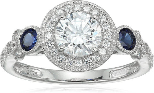 Platinum-Plated Sterling Silver Infinite Elements Cubic Zirconia Antique Round-Cut and Created Sapphire Ring, (Previously Amazon Collection) - WORLD TIME VISITS