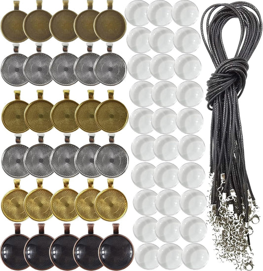 90PCS Rhinestone Bezel Pendant Trays Set 30PCS Cabochon Pendant Setting 30PCS Clear Glass Cabochons and 30PCS Waxed Necklace Cord for Photo Pendant DIY Jewelry Making（6 Colors） - WORLD TIME VISITS