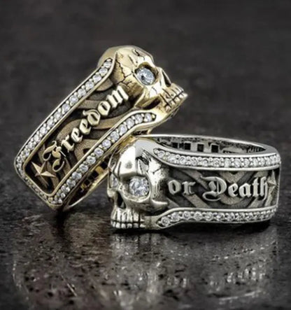 Vintage Stainless Steel Micro Inlaid Cubic Zirconia Gothic "Freedom or Death" Skeleton Skull Cocktail Rider Statement Halloween Christmas Ring Gift