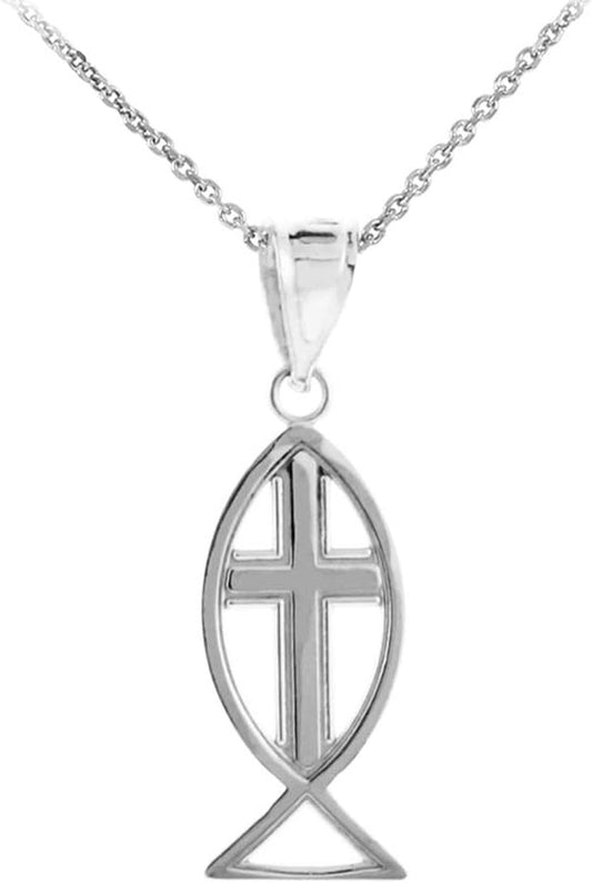 925 Sterling Silver Christian Cross Charm Ichthus Fish Pendant Necklace