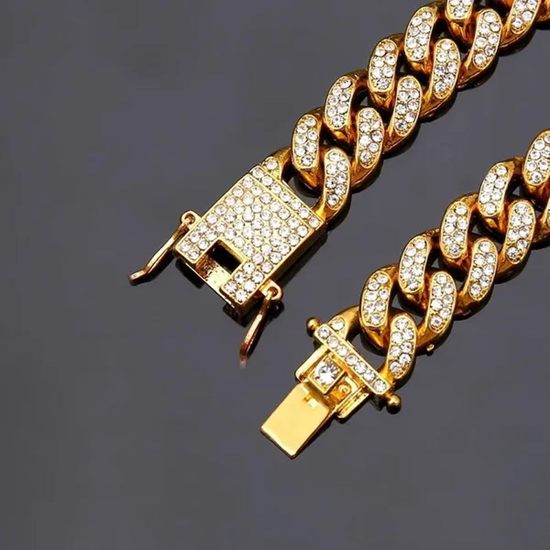 13MM  24K Gold/925 Silver Iced Out BlingBling Diamond Cuban Link Chain Miami Choker Necklace Bracelet Jewelry Set for Fashion Men and Women Hip Hop Jewelry - WORLD TIME VISITS